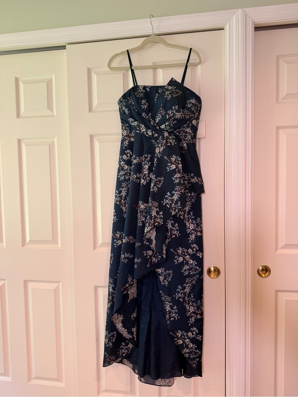 Aidan Mattox Navy Floral Strapless Ruffled Maxi Dress